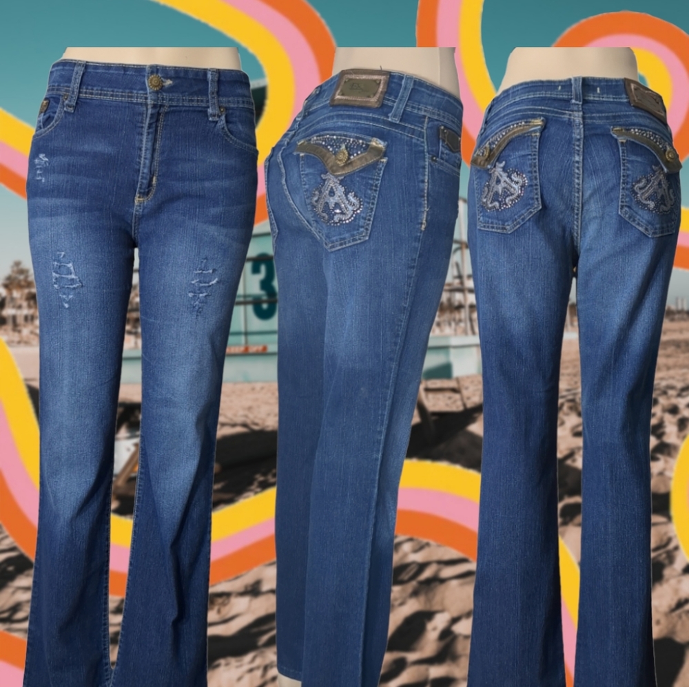 EX Special Collection Distressed Embellished Straight Leg Blue  Jean Size 11.